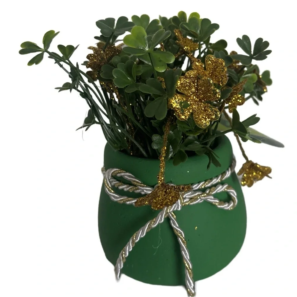 St Patricks Day Table Top Decor Green Gold Decorative Four Leaf Clover Plant Pot